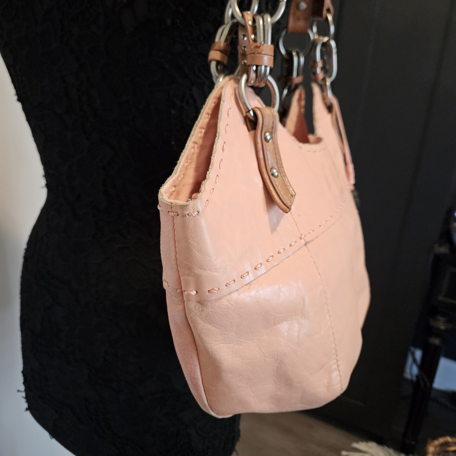 THE SAK 16″ Solid Pink Leather Bag Vintage Brown Strap Handbag Purse + Pockets