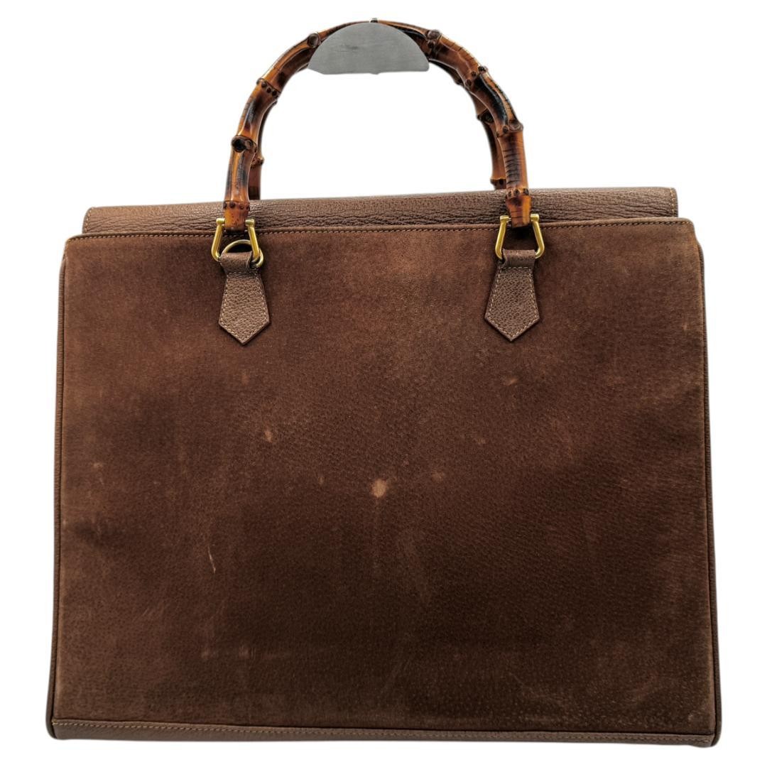 GUCCI Suede Leather Tote Bag Bamboo Handle Brown Large Capacity Pocket Authentic