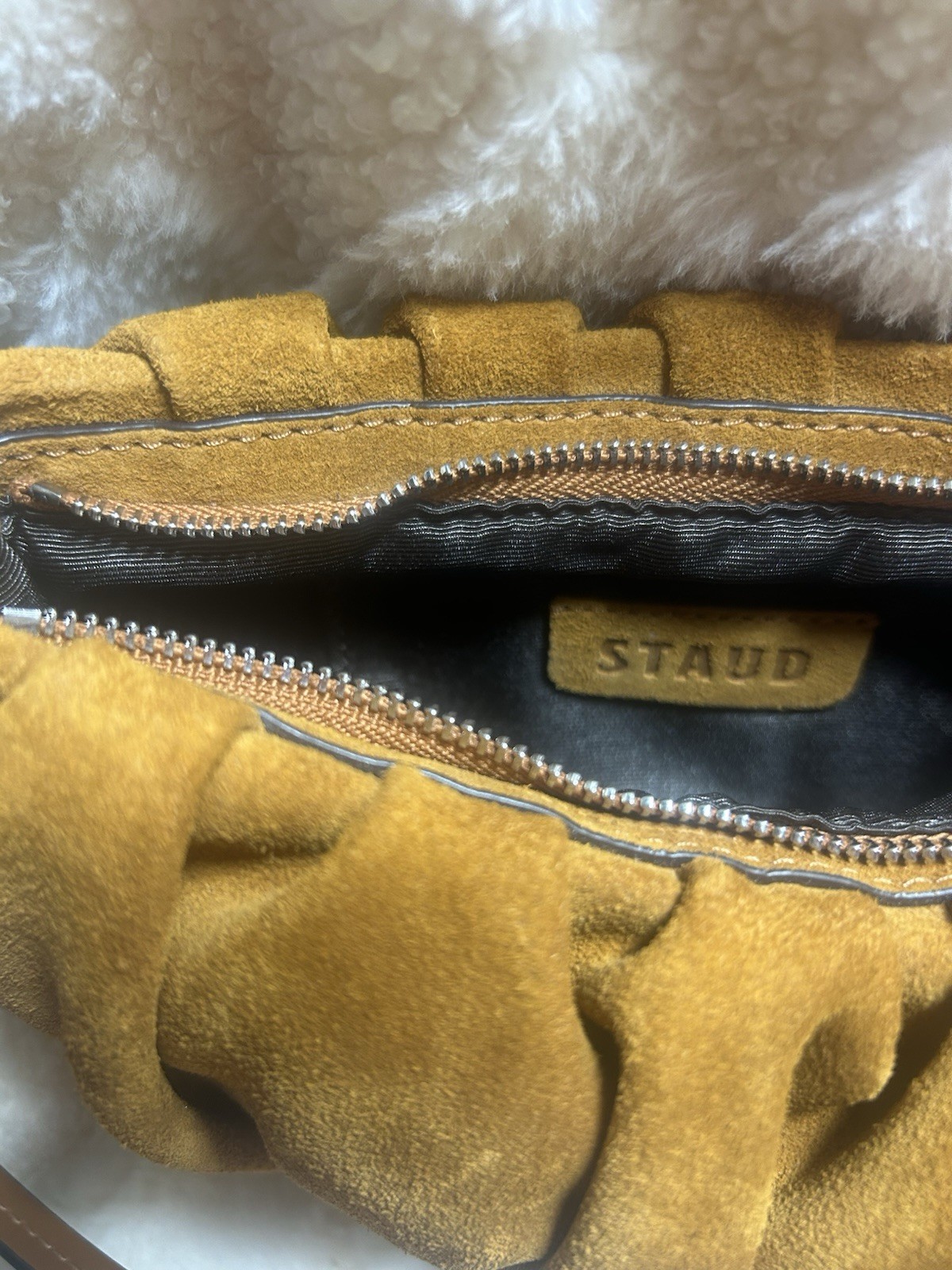 NWT elegant luxurious Staud bean bag / Purse genuine Suede Leather tobacco /Tan