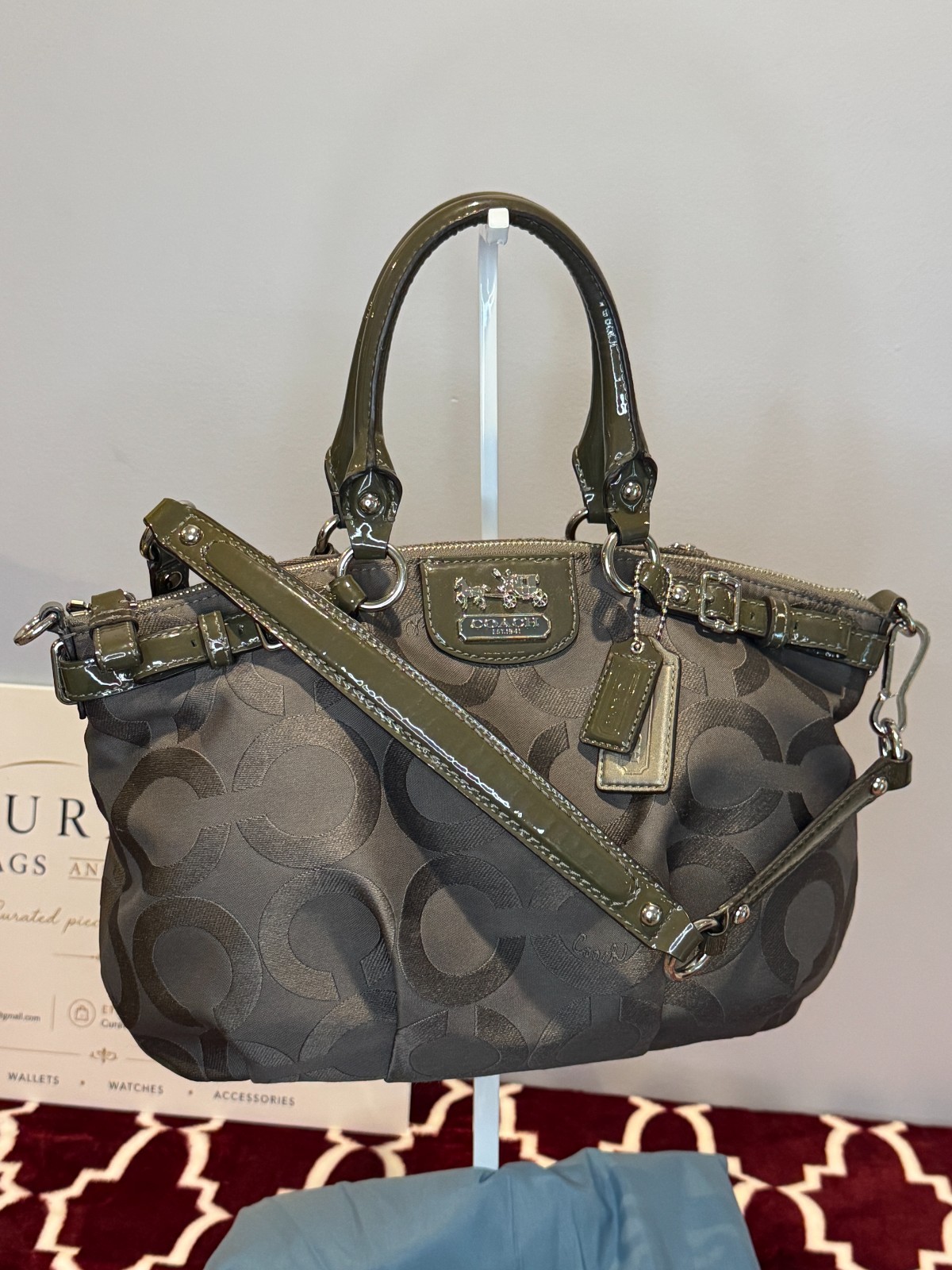 Coach Madison Signature Op Art Sophia Satchel 18619 Grey/Olive Sateen Jacquard