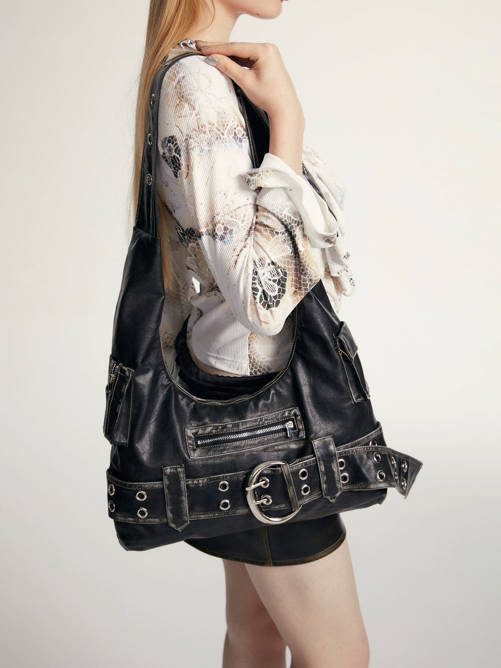 Y2K Punk Hobo Bag Belted Cyberpunk Crossbody Washed Leather Shoulder Bag Goth