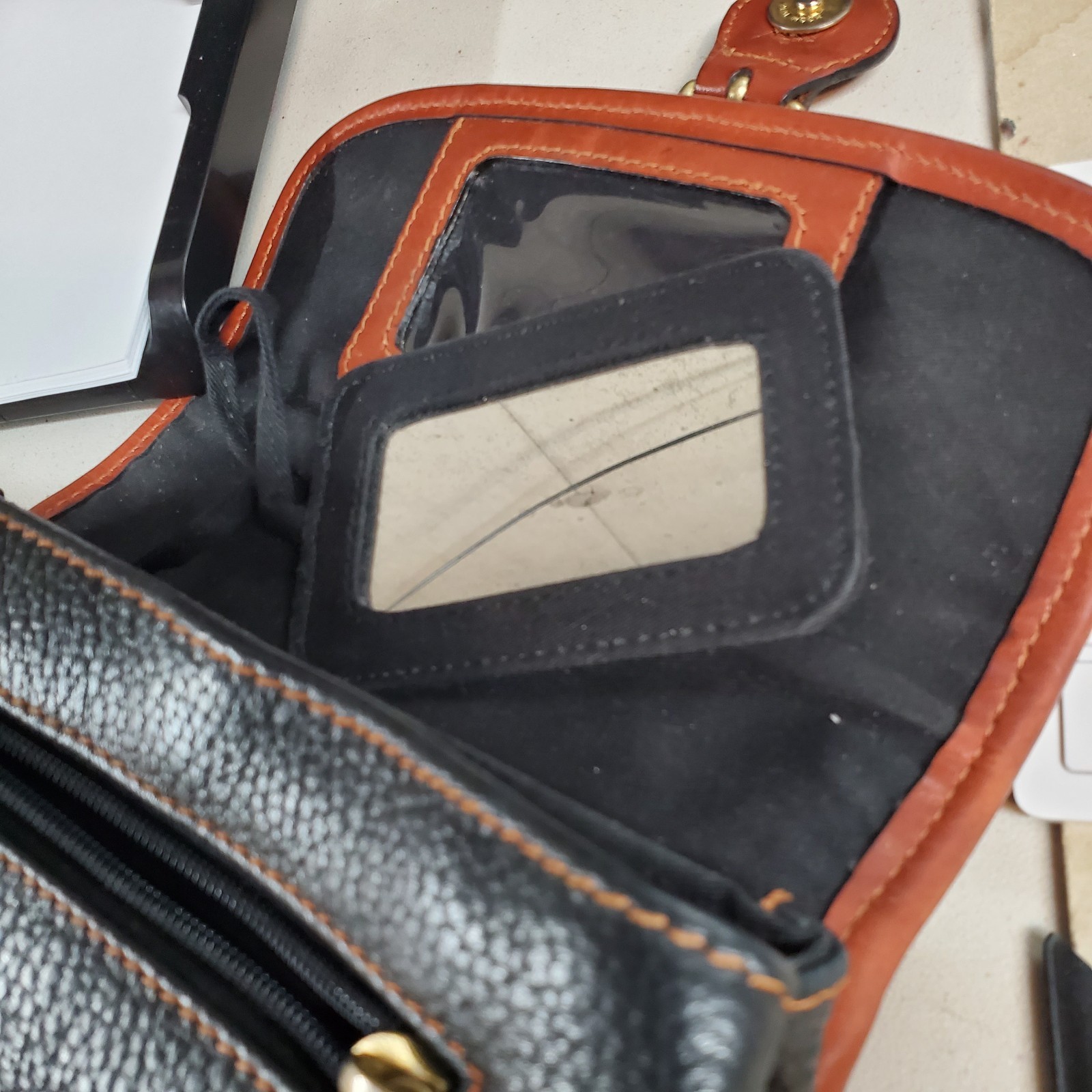Vintage 90s Liz Claiborne Black Pebble Leather Crossbody Bag with Brown Trim