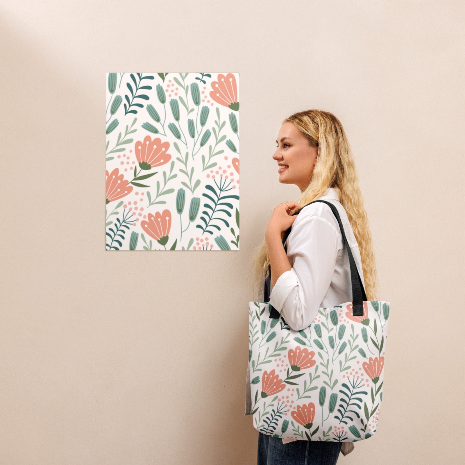 New Pastel Pink Green Floral Tote Bag Double-Sided Print Black Handles 15×15