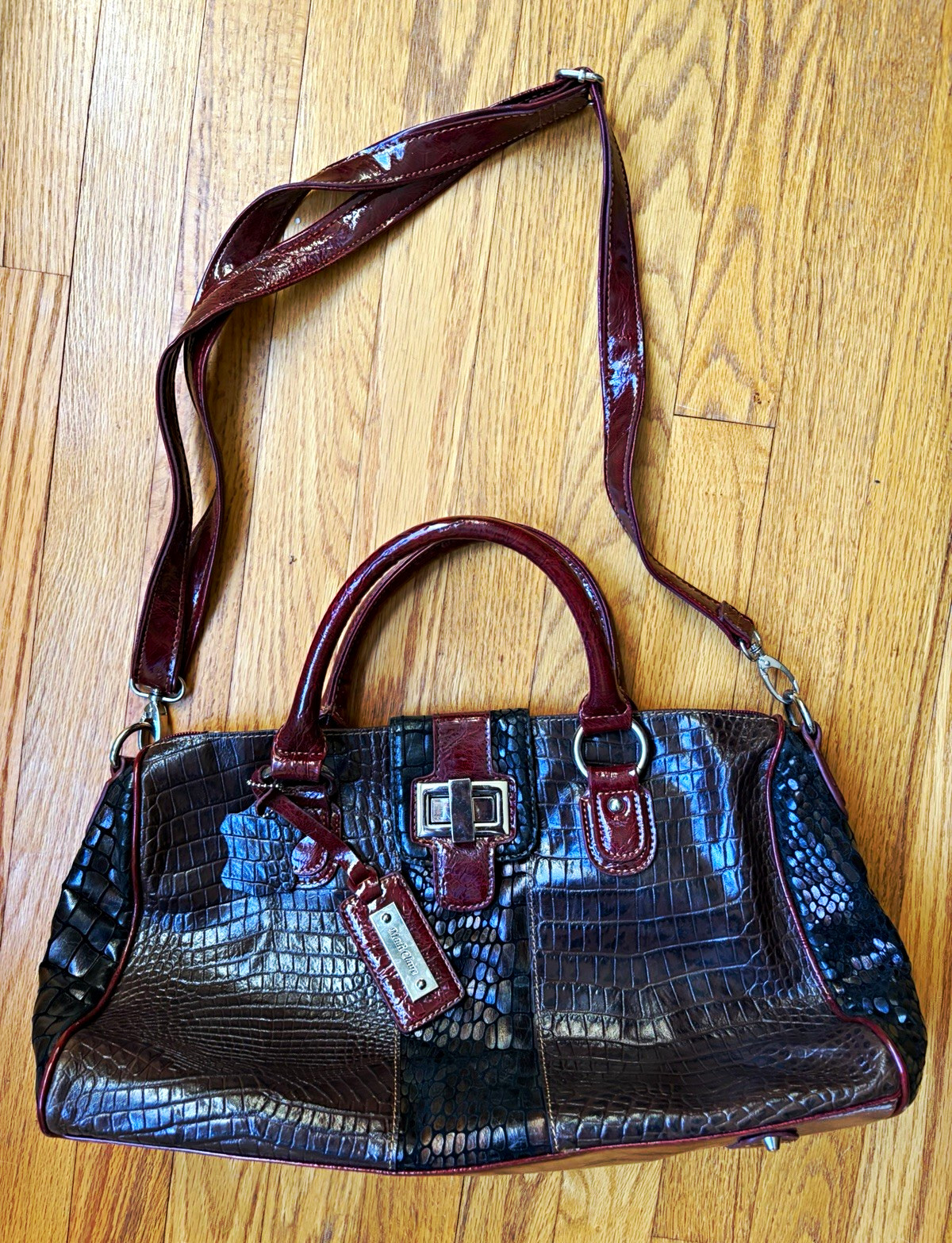 Madi Claire Croc Embossed Satchel Top Handle Bag Brown/Burgundy Detachable Strap