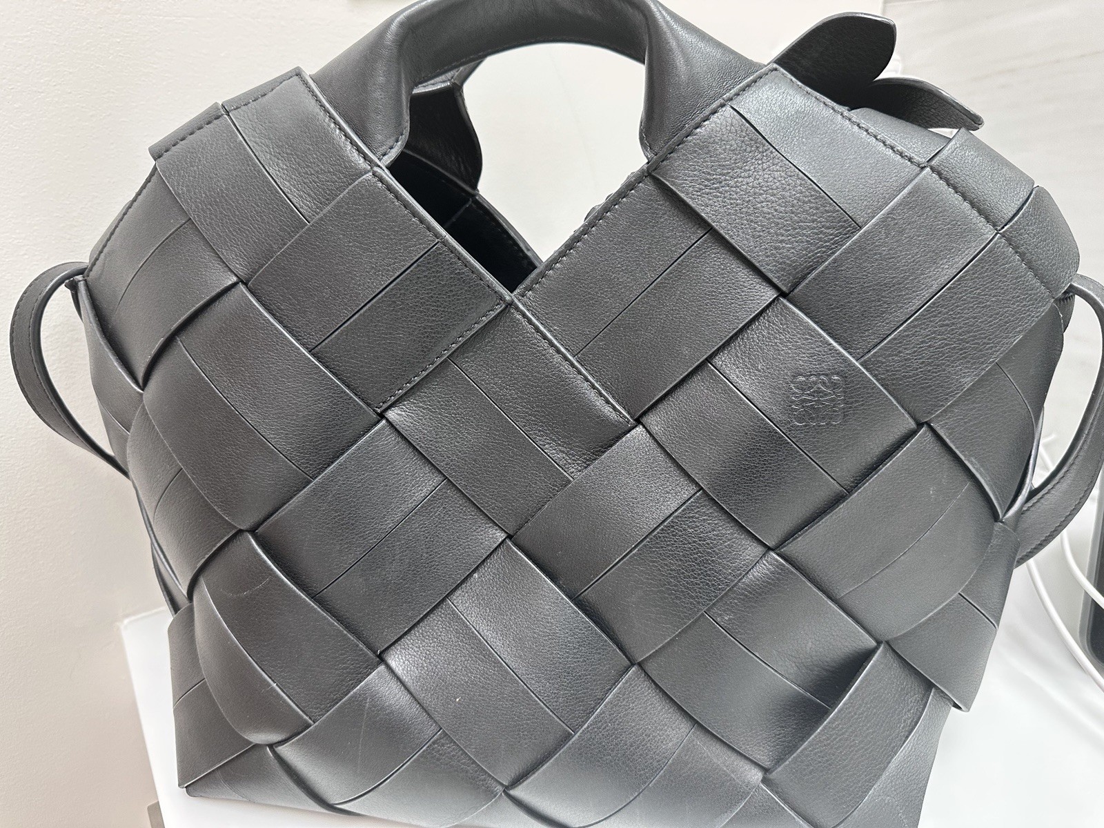 LOEWE Black Large Tote Bag Top Handle Adjustable Strap Buckle Silver, Dust