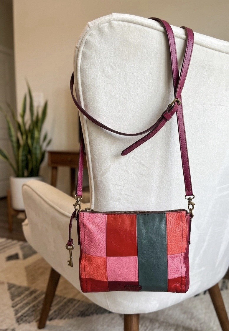 Fossil Women’s Multicolor Colorblock Crossbody Bag Zip Gold Hardware Key Charm