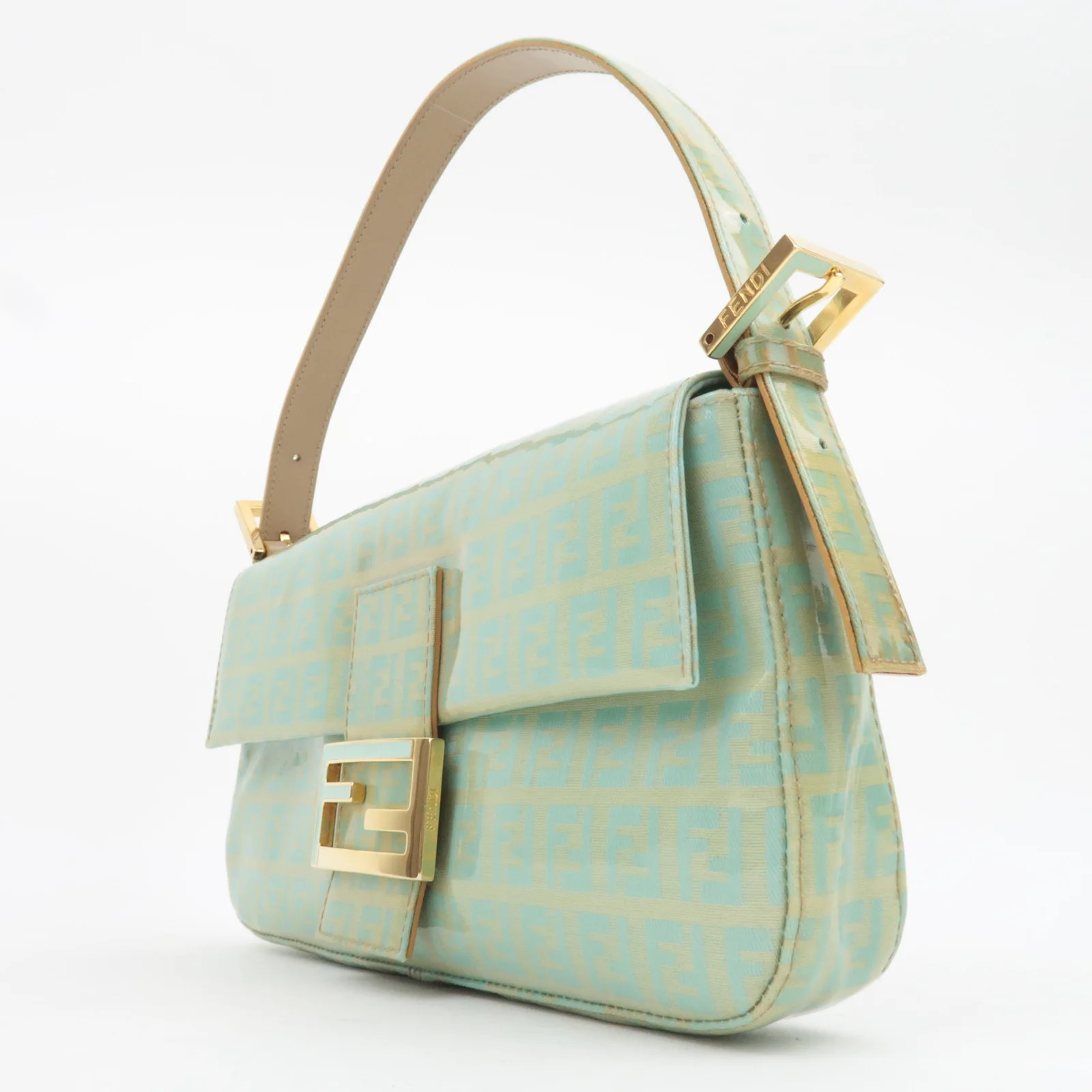 FENDI Zucchino Mamma Baguette Vinyl Leather Shoulder Bag Light Blue 26424 Auth