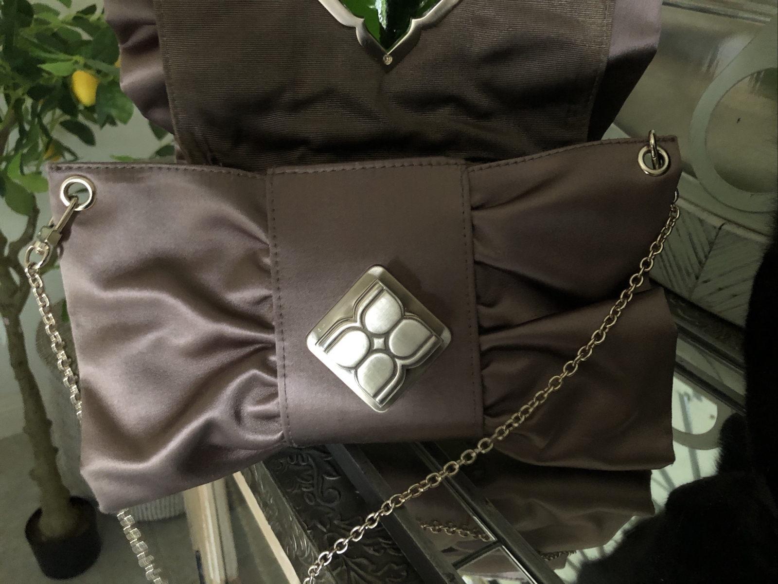 BCBG Maxazria Chocolate Brown Satin Bow Ruffle Evening Bag Clutch Chain Strap