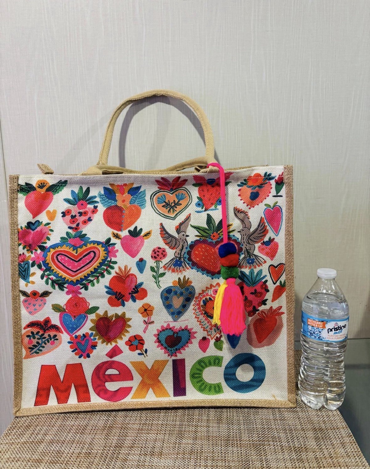 Multicolor Loteria Print Tote for Women Tassel Accent Bag Charm Beige Handles