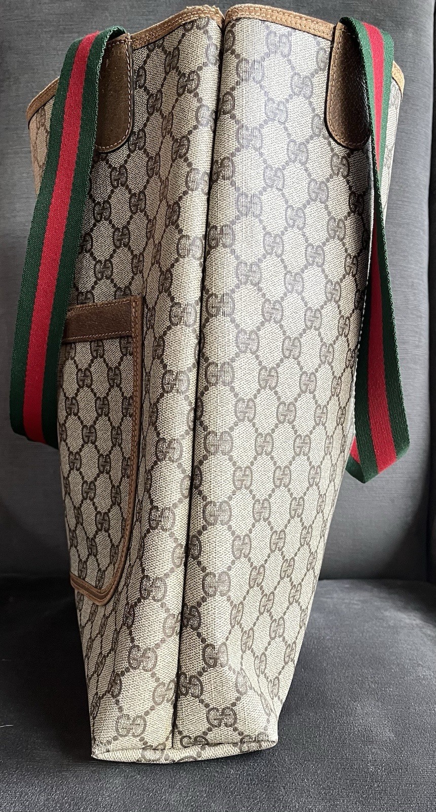 Vintage Gucci GG Monogram Canvas Tote Bag Web Stripe Leather Italy