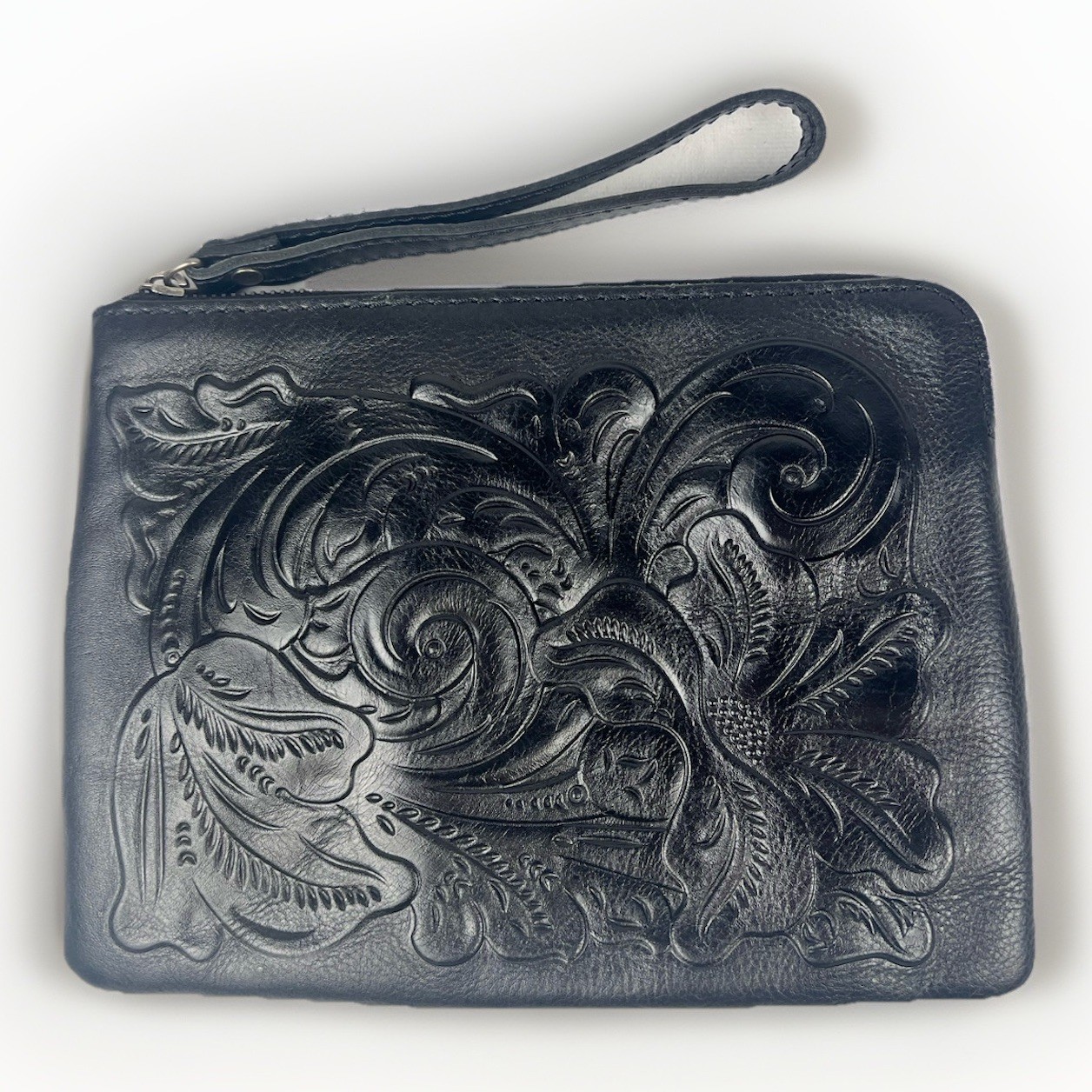 Patricia Nash Cassini Tooled Leather Wristlet Clutch Black Zip Boho Western 9×7”