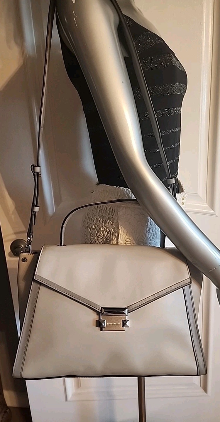 Michael Kors Whitney Large Top Handle Leather Satchel in Aluminum/Pearl Grey