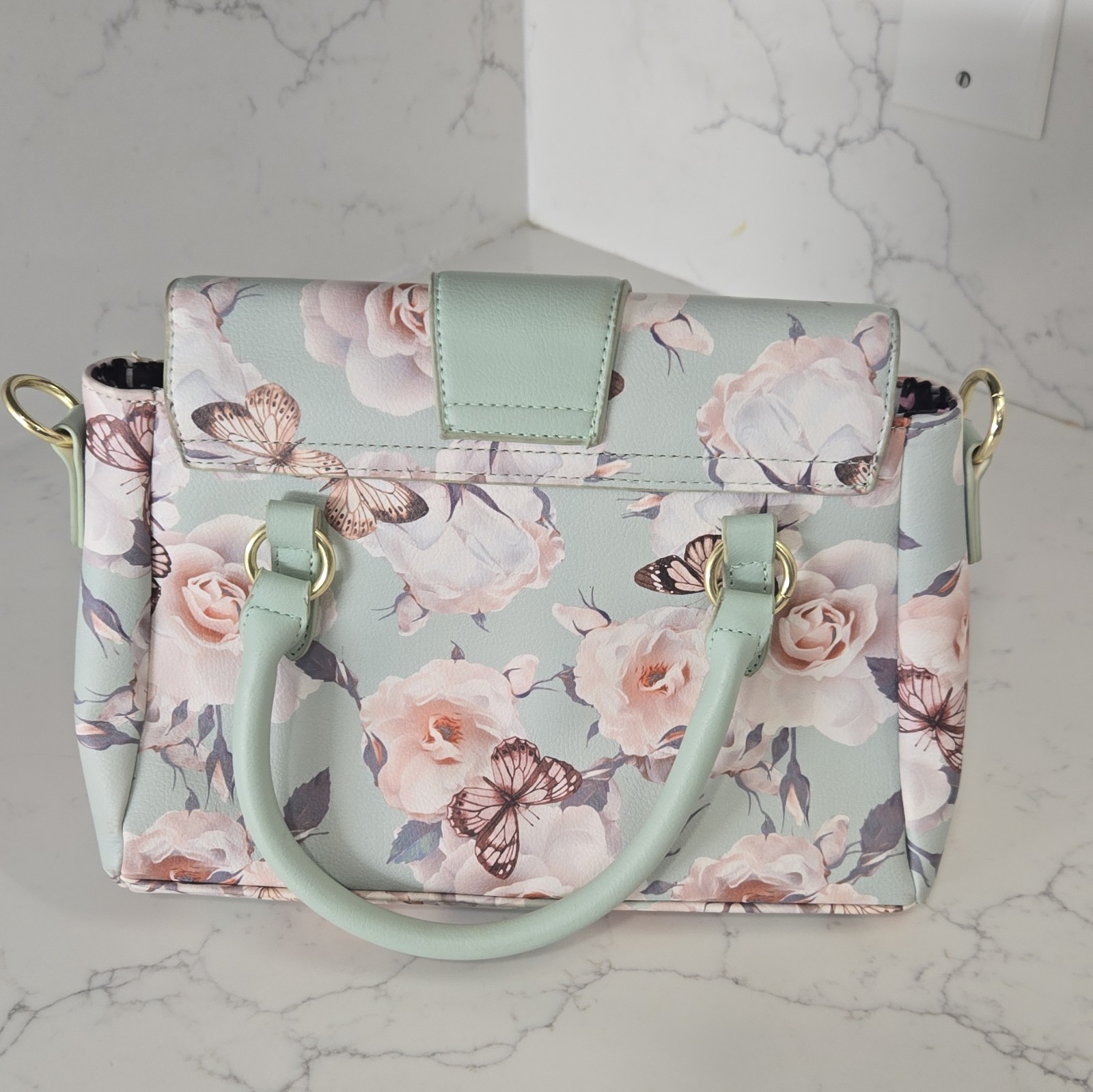 Luv Betsey by Betsey Johnson Floral Butterfly Small Satchel Top Handle Mint Pink