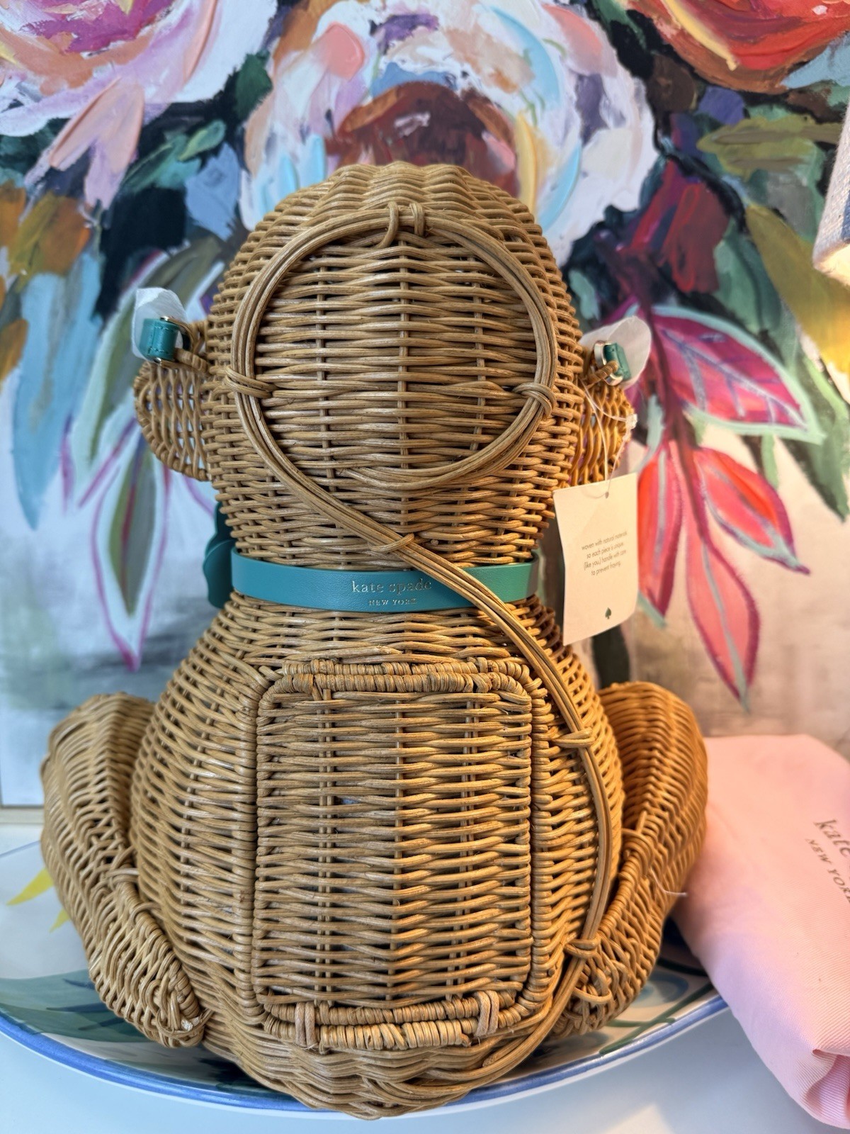 NWT Kate Spade Monkey Georgia Wicker Straw Flower Large Tote Rare Novelty Bag