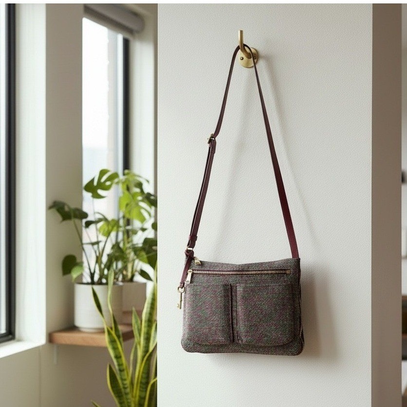 Fossil Expandable Piper Tweed Crossbody Bag Burgundy Leather Trim Handbag