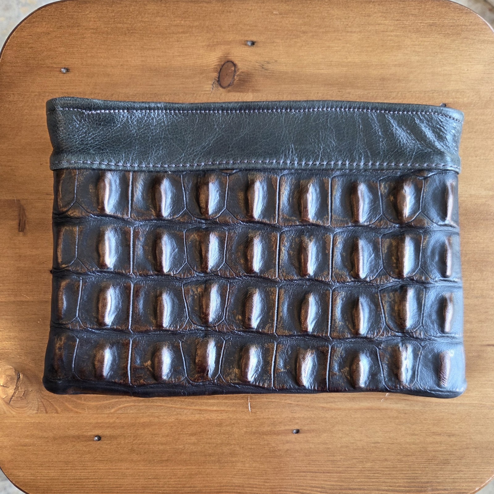 KurtMen Design Croc-Embossed Leather Clutch Gemstone Accents
