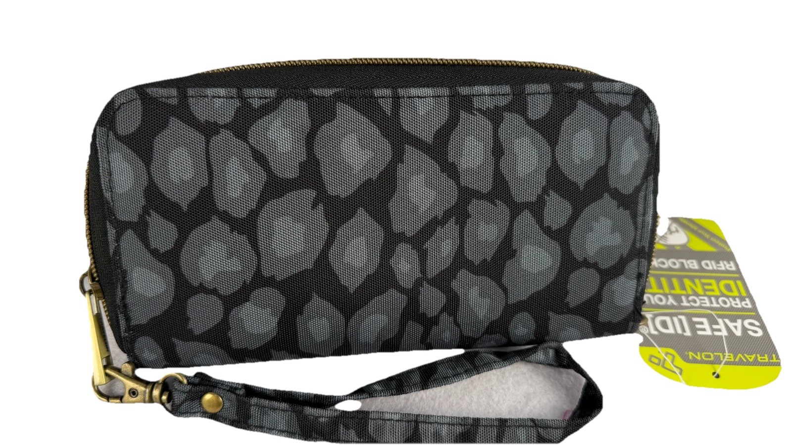 TRAVELON NWT RFID BLACK GREY LEOPARD ZIP AROUND WRISTLET WALLET