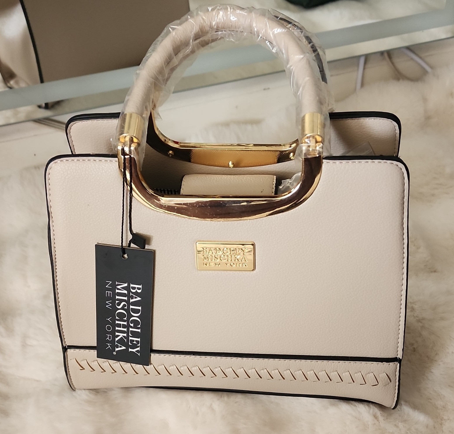 Badgley Mischka Beige Medium Satchel Top Handle Bag Gold Hardware Hang Tag