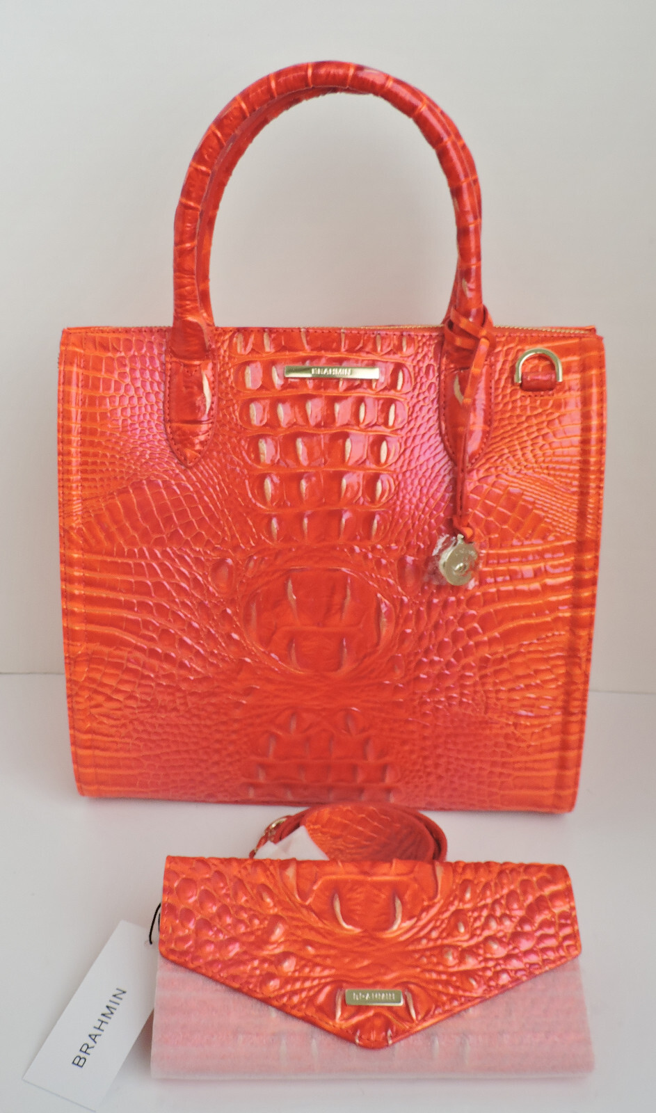 Brahmin Caroline Flame Orange Melbourne Leather Satchel & Veronica Wallet NWT