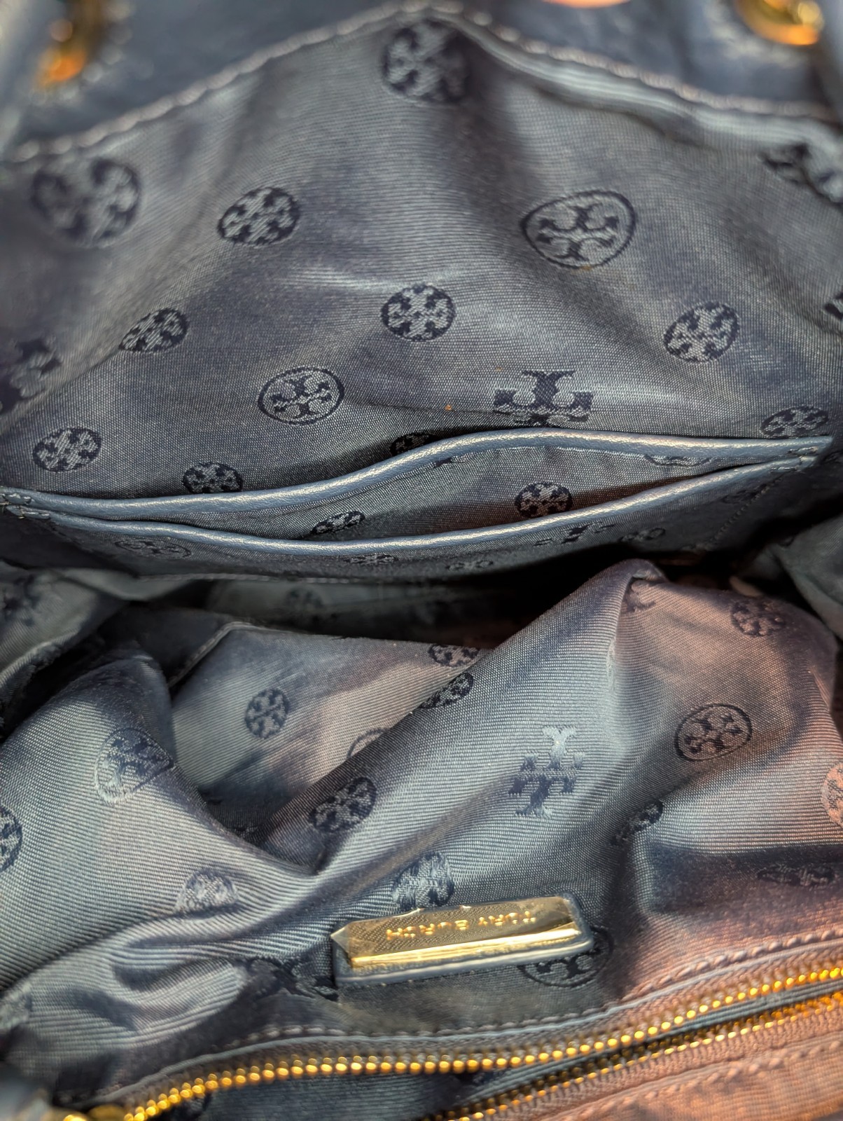 Tory Burch Britten Navy Leather Backpack W/ Gold Tone Logo