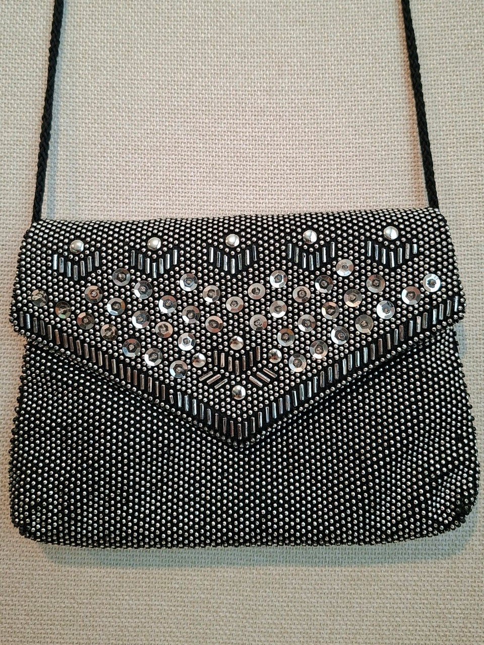Black Silver Beaded Sequin Evening Shoulder Bag Snap Closure Clutch Handbag