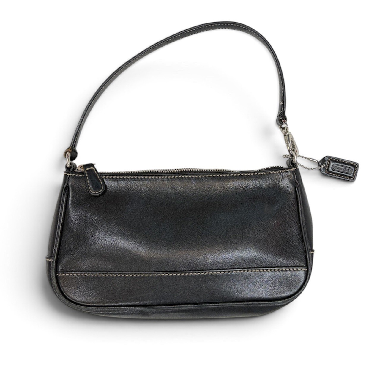 Coach Hamptons Demi Baguette Black Leather Bag Small 5×9 Contrast Stitching Y2K