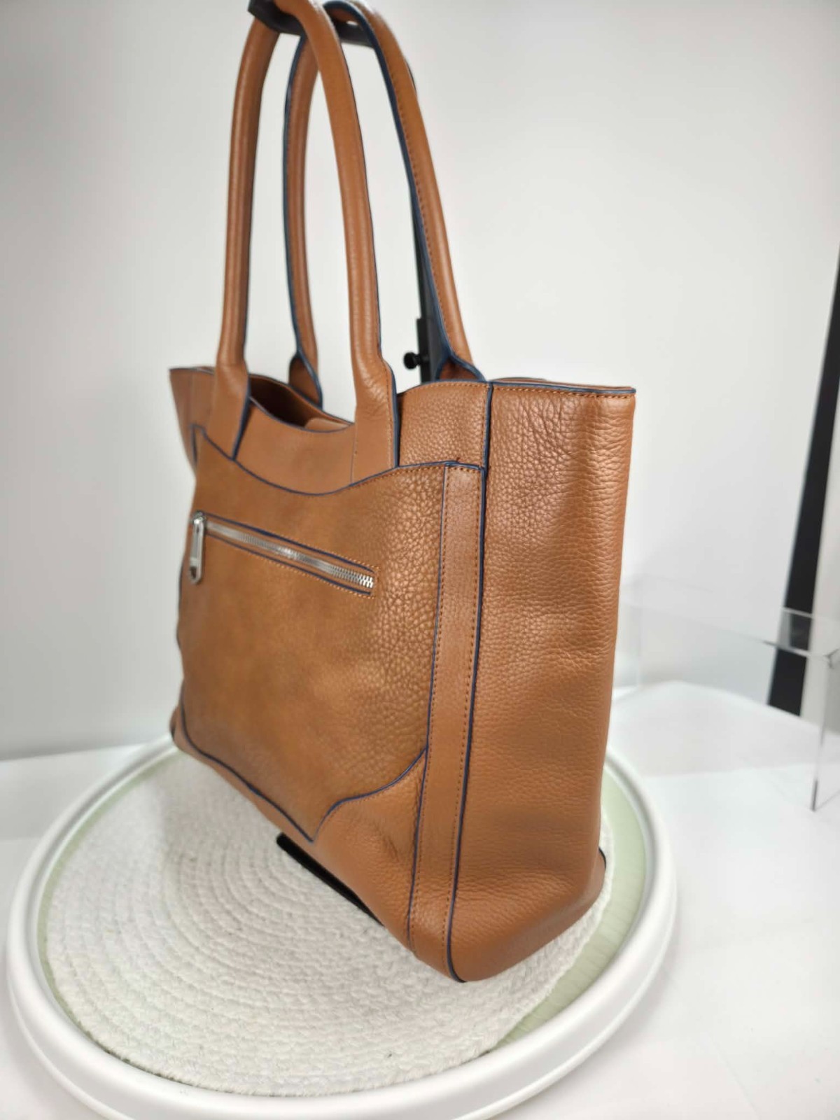 Perlina Leather Tote Bag Brown Pebbled Shoulder Handbag Blue Trim Large