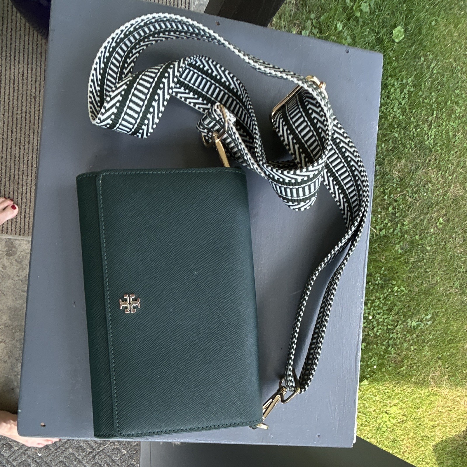 Tory Burch Green Small Flap Crossbody Bag w/ Detachable Black/White Strap