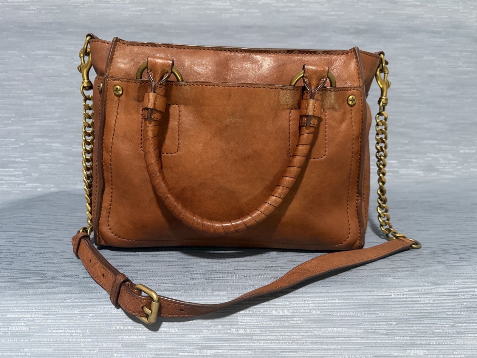 Frye Brown Satchel Top Handle Bag Zip Closure Detachable Strap Gold Hardware
