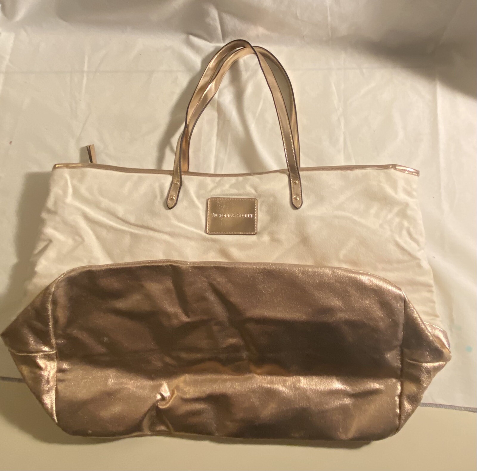 VICTORIA SECRET Zip Tote Handbag Beach Rose Gold Beige Canvas