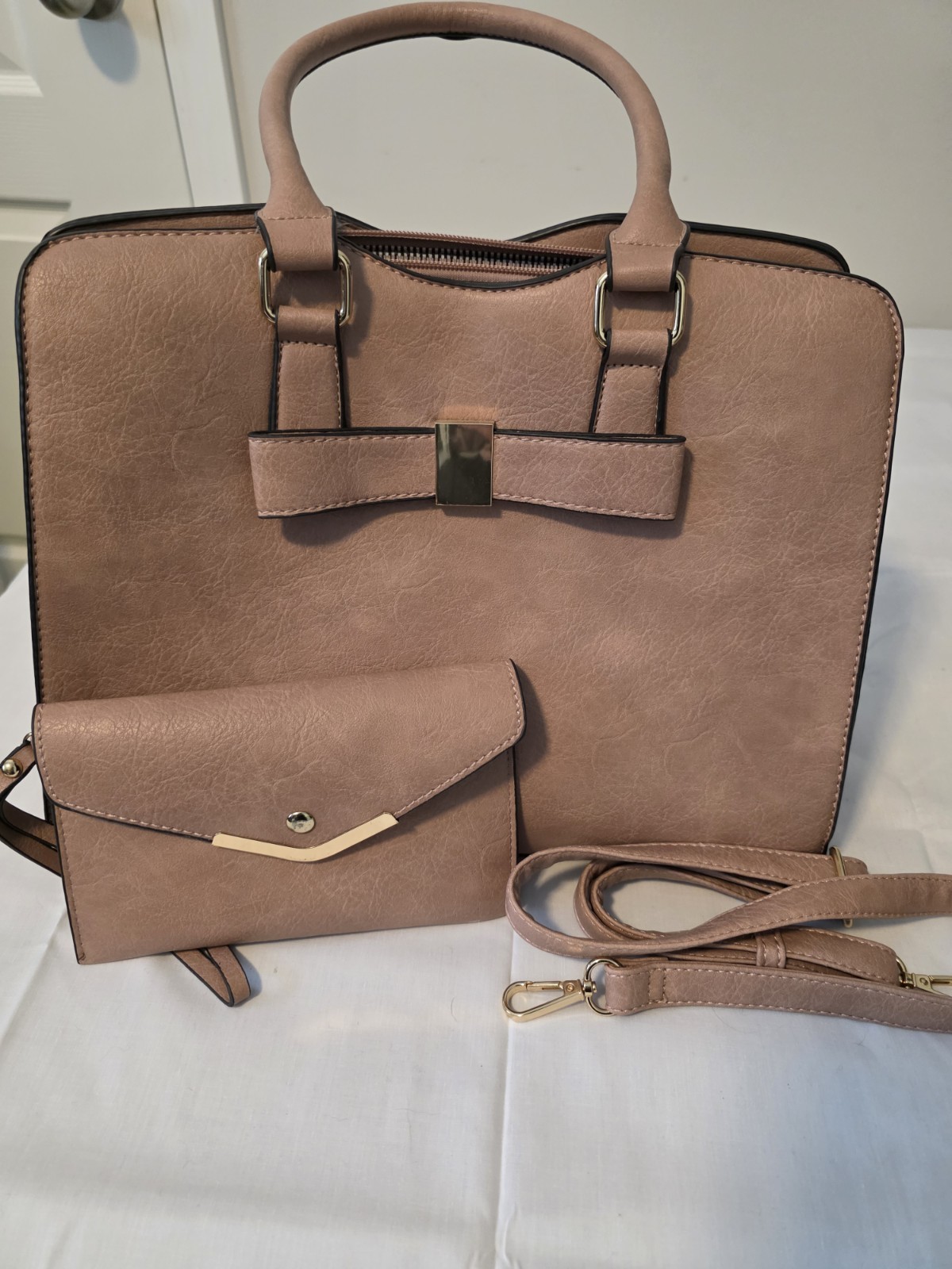 Pink Satchel/Top Handle Bag with Bow Accent, Detachable Strap, Pouch & Gold Ha…