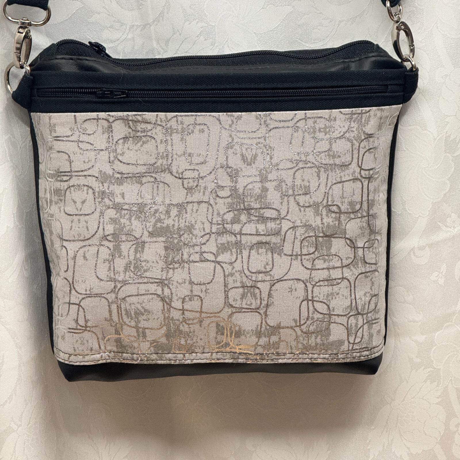 Custom Crossbody Gray Silver Handmade Fabric Canavs Adjustable Strap