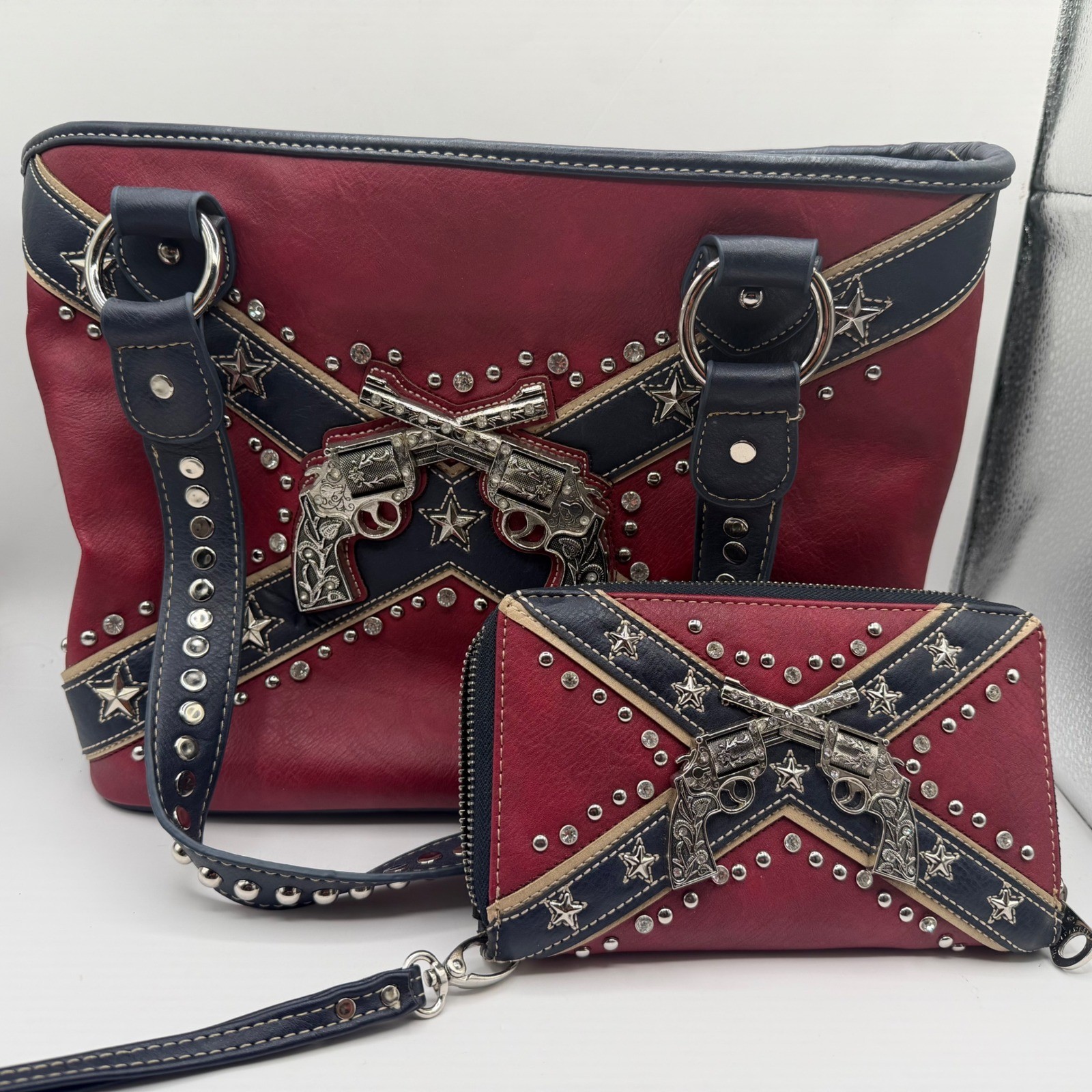 Montana West Western Handbag and Wallet Set Red Navy Studded Pistol Bling CCW