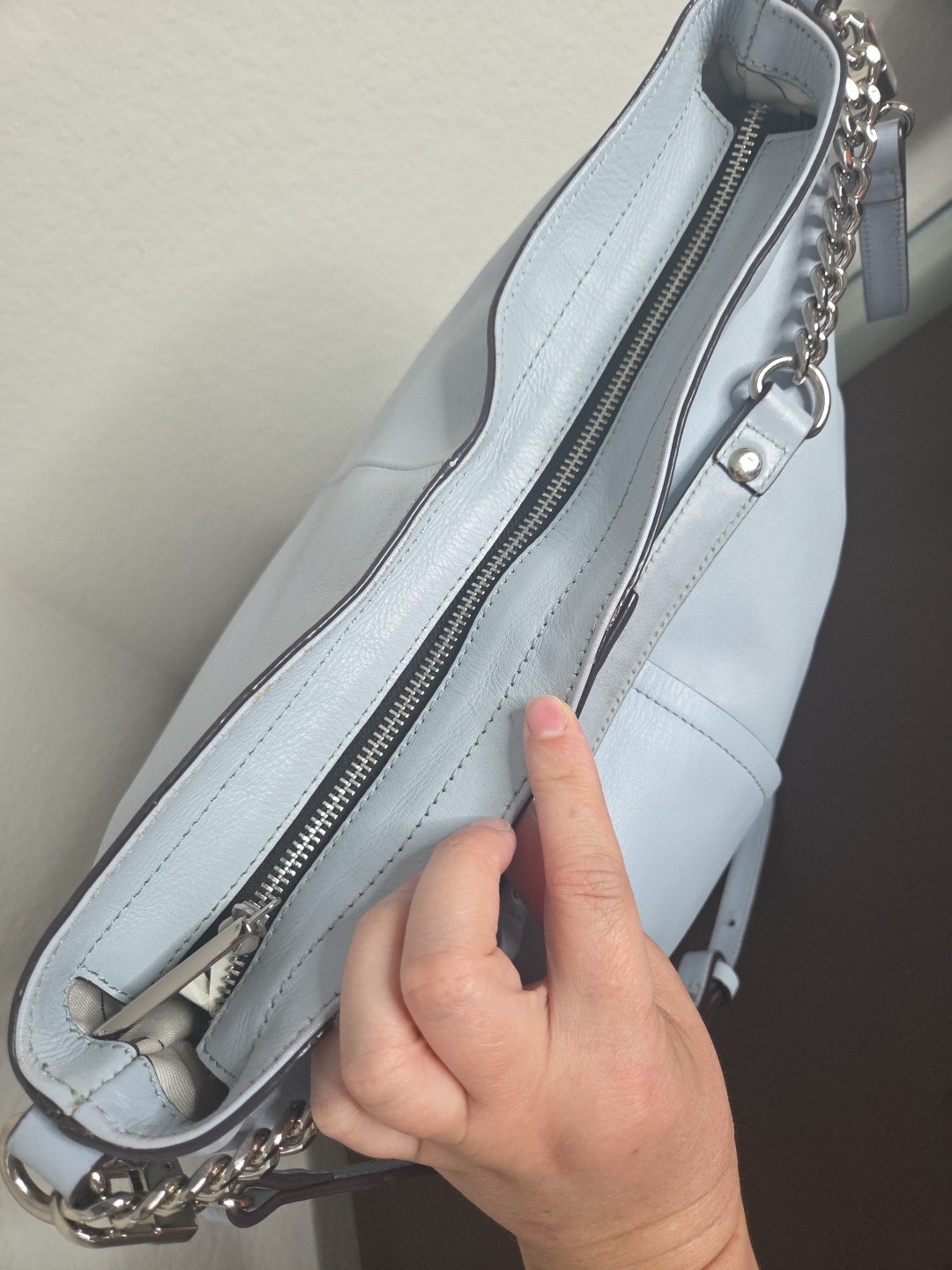 Antonio Melani Light Blue Leather Hobo Tote Bag Chain Strap w/ Dust Bag
