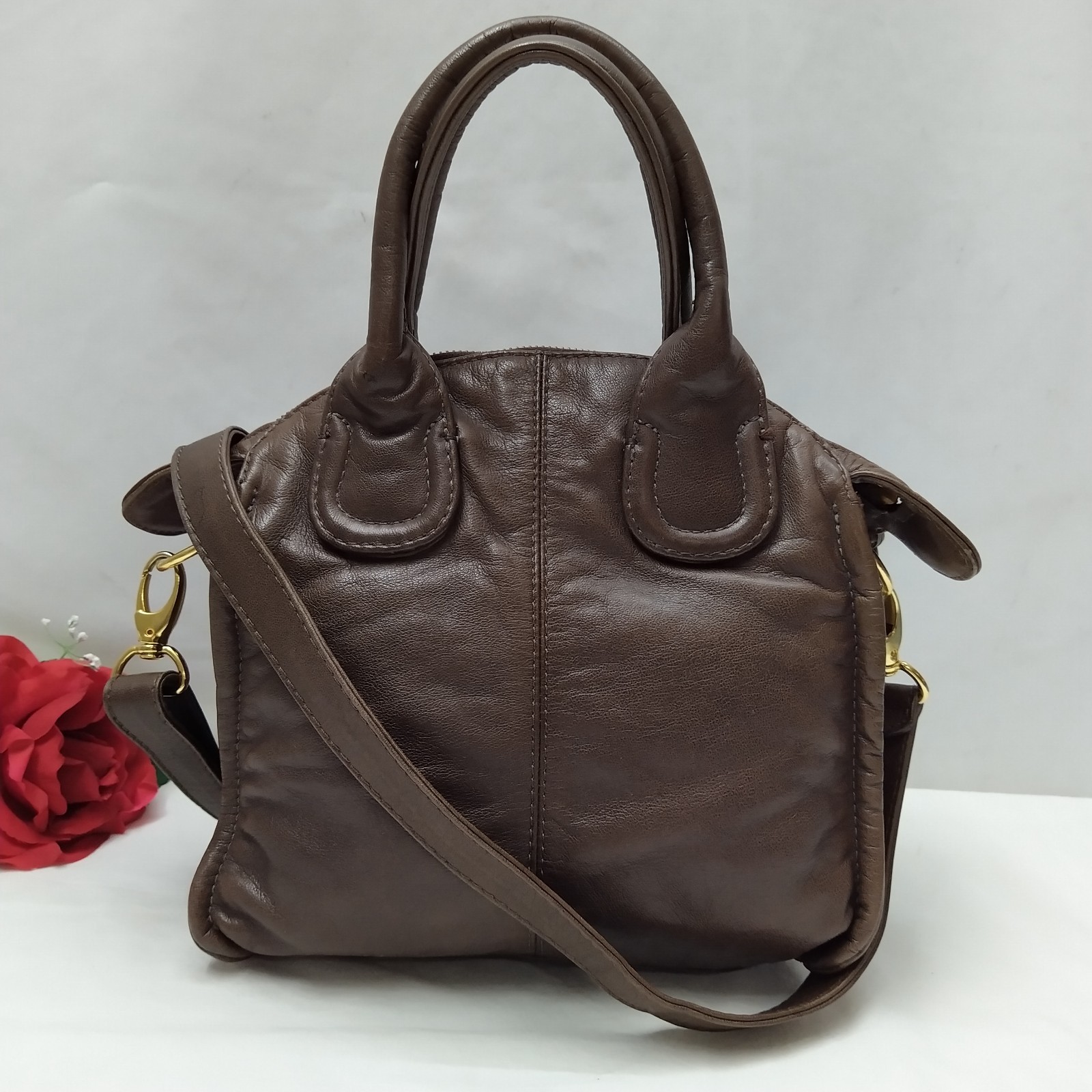 Bulga Brown Leather Buckle Pockets Double Handles Zipper Satchel Bag – $275