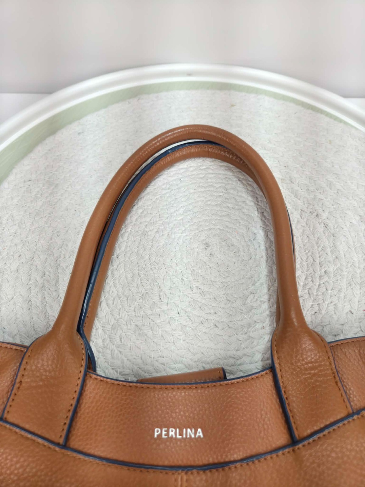 Perlina Leather Tote Bag Brown Pebbled Shoulder Handbag Blue Trim Large