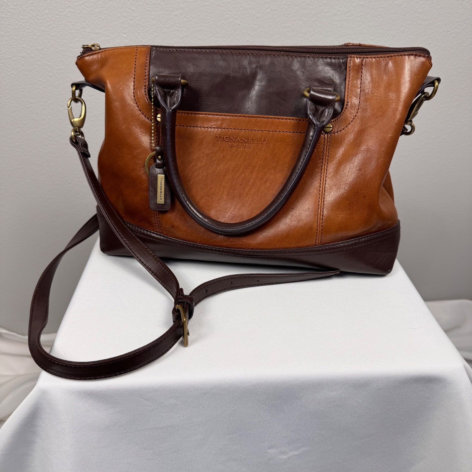 Tignanello Genuine Leather Two-Tone Satchel Crossbody Bag Brown Tan