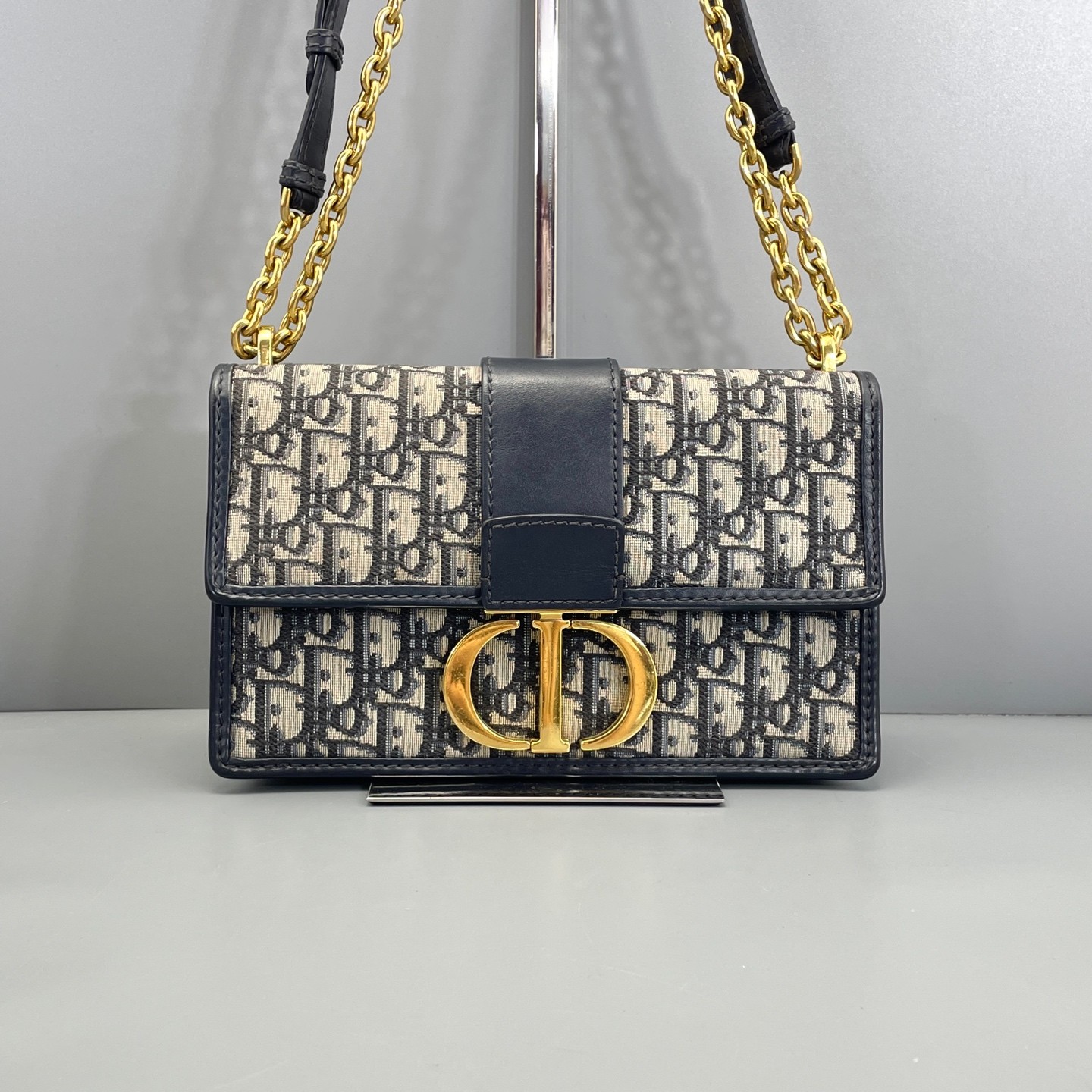 AUTH DIOR 30 Montaigne Chain Bag Blue Oblique Canvas Crossbody