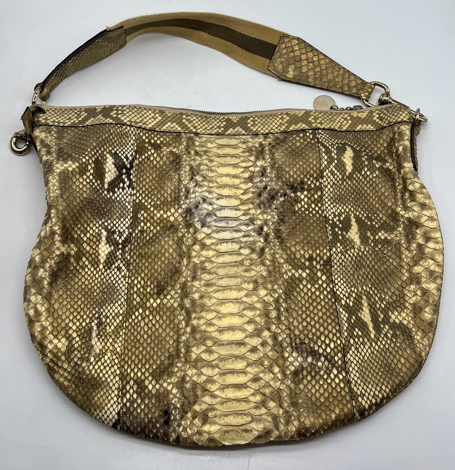 Gucci Off-White Gold Green Jersey stripe Strap Reptile leather zipper Hobo Bag