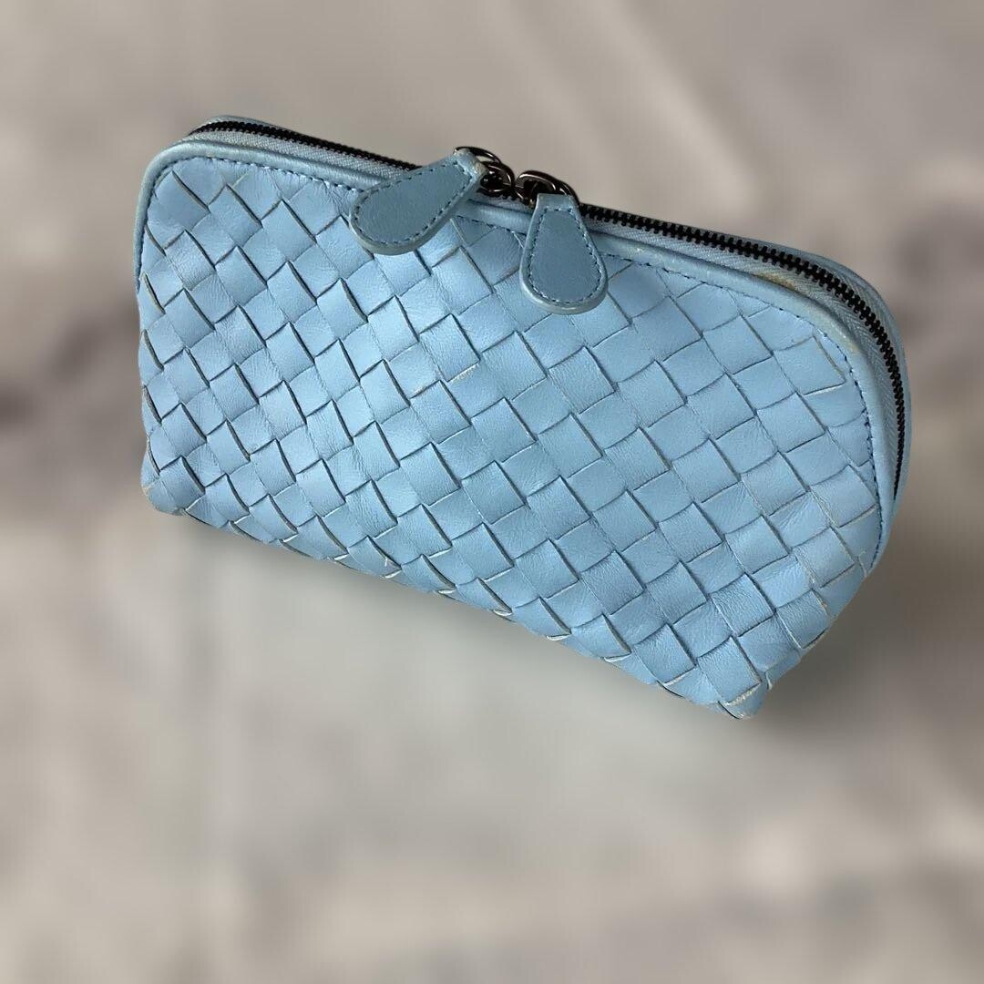 BOTTEGA VENETA Pouch Intrecciato Leather Sky Blue Authentic From Japan