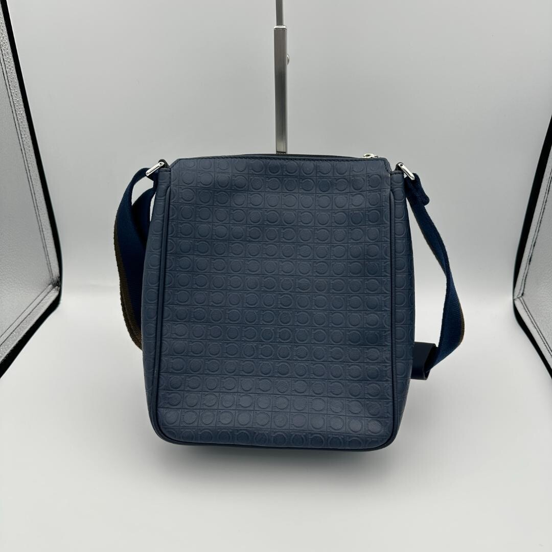 Salvatore Ferragamo Gancini Embossed Leather Crossbody Shoulder Bag Navy Italy