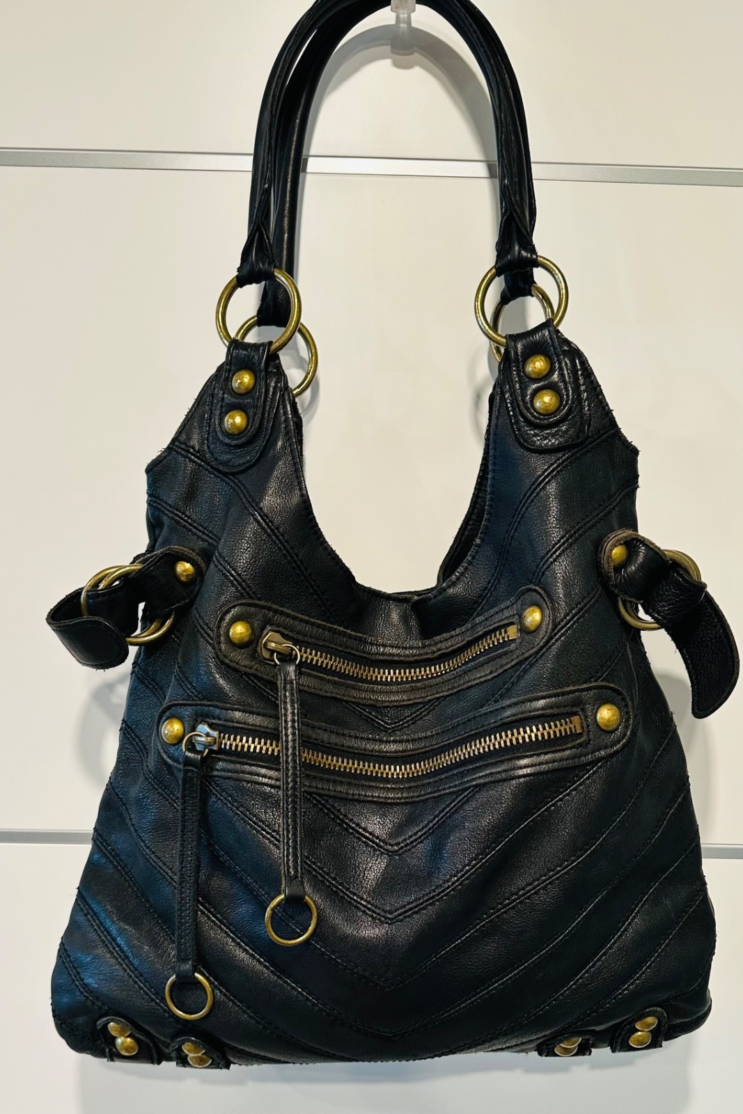 Y2K Linea Pelle Dylan Black Leather Multi Zip Hobo Bag Zebra Lining Dust Bag
