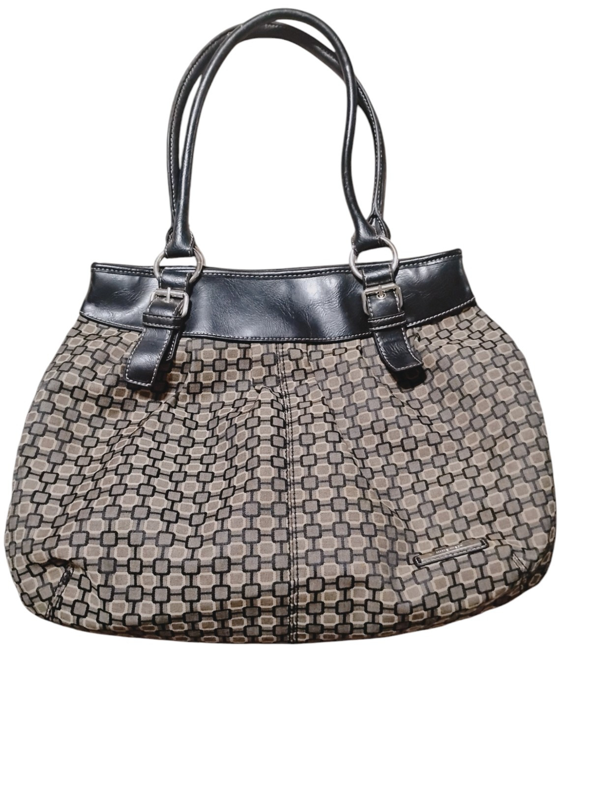 Nine West Black & Gray Beige Square pattern purse Black handles
