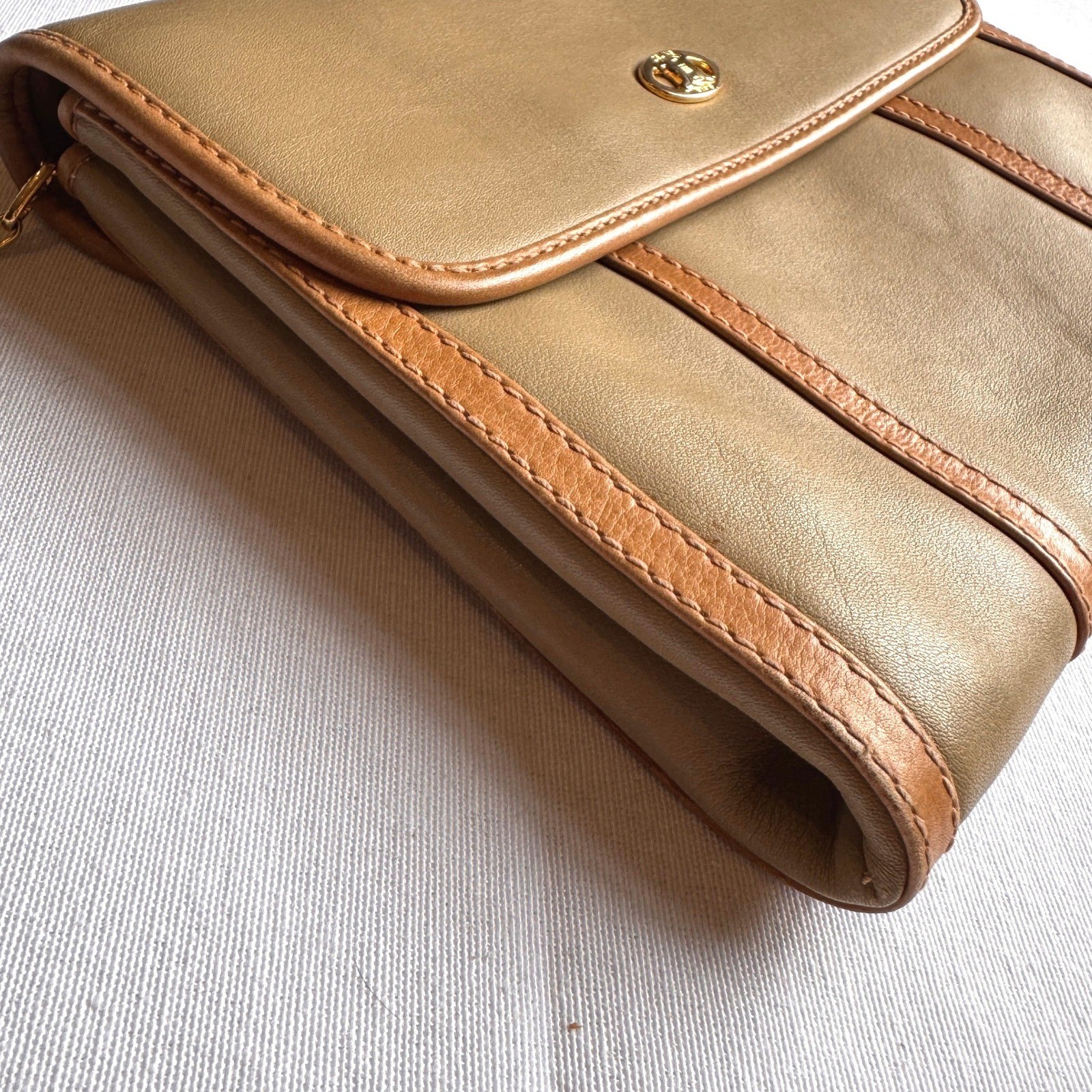 Vintage Celine Paris Triomphe Leather Chain Crossbody Tan Gold Hardware Flap