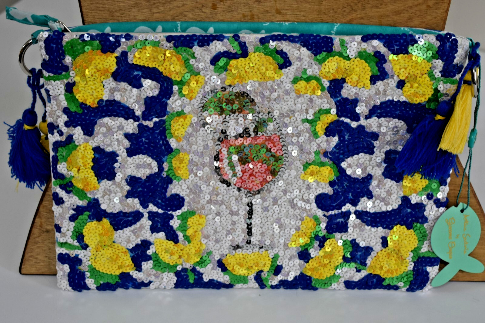 ANTICA SARTORIA 2025 BLUE & WHITE WITH LEMONS SEQUINS PURSE NWT