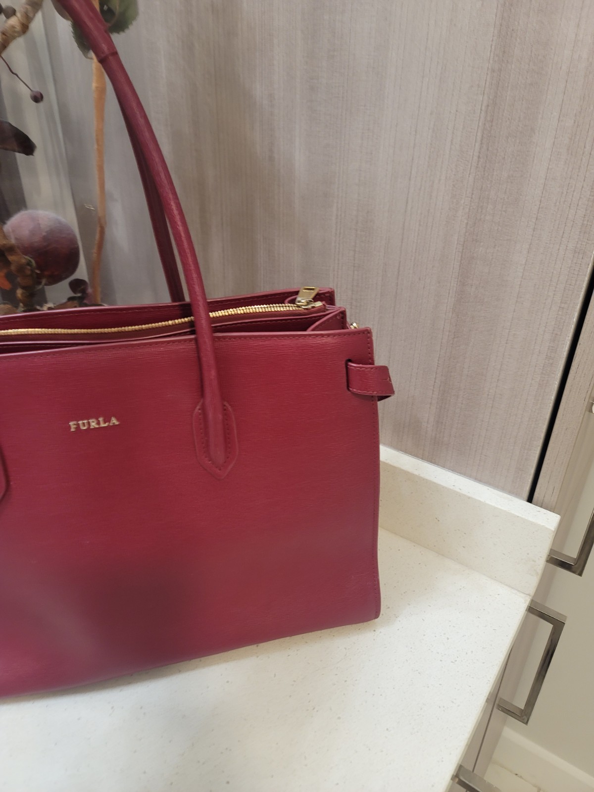 Furla Pin Leather Top-Handle Satchel Handbag Dark Red/Crimson