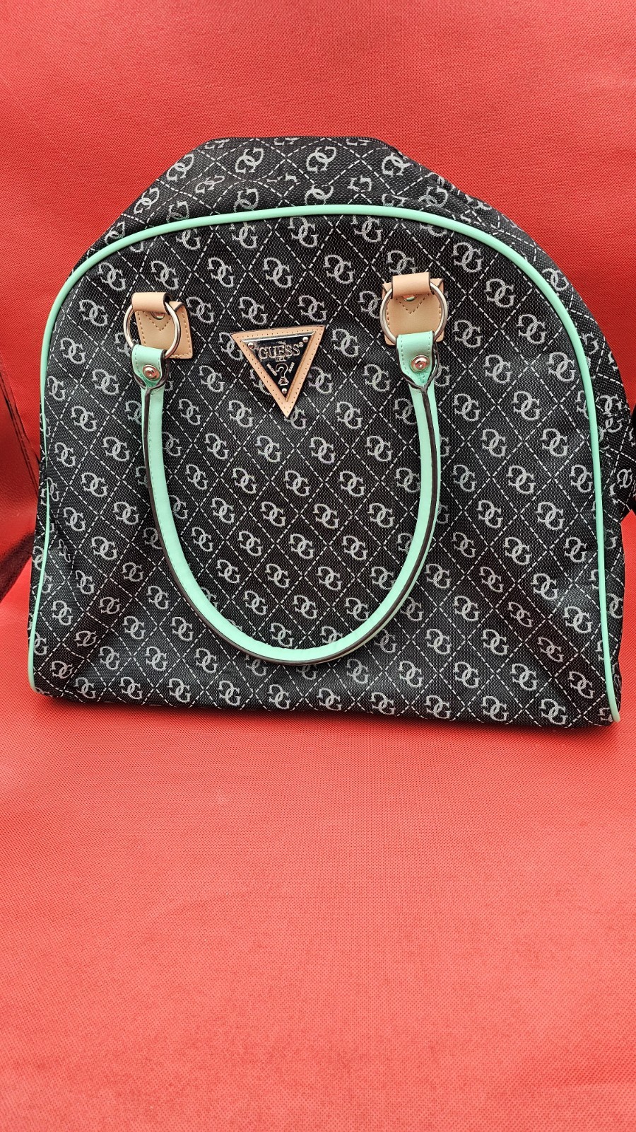 GUESS Vintage G Logo Pattern Purse Or Travel Bag Black Teal Approx 17in X 15in
