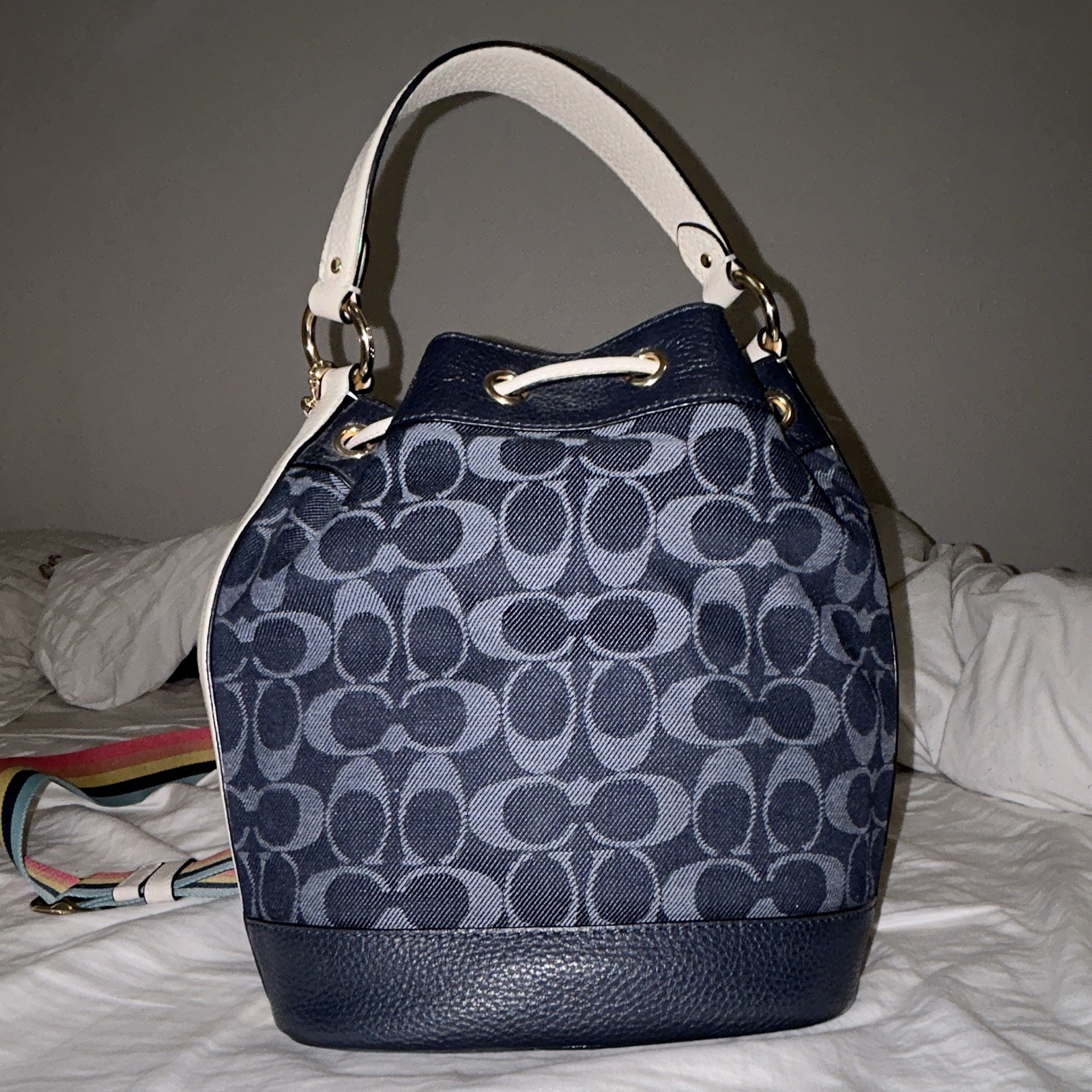 Coach Small Signature Logo Bucket Drawstring Bag w/ Detachable Multicolor Strap