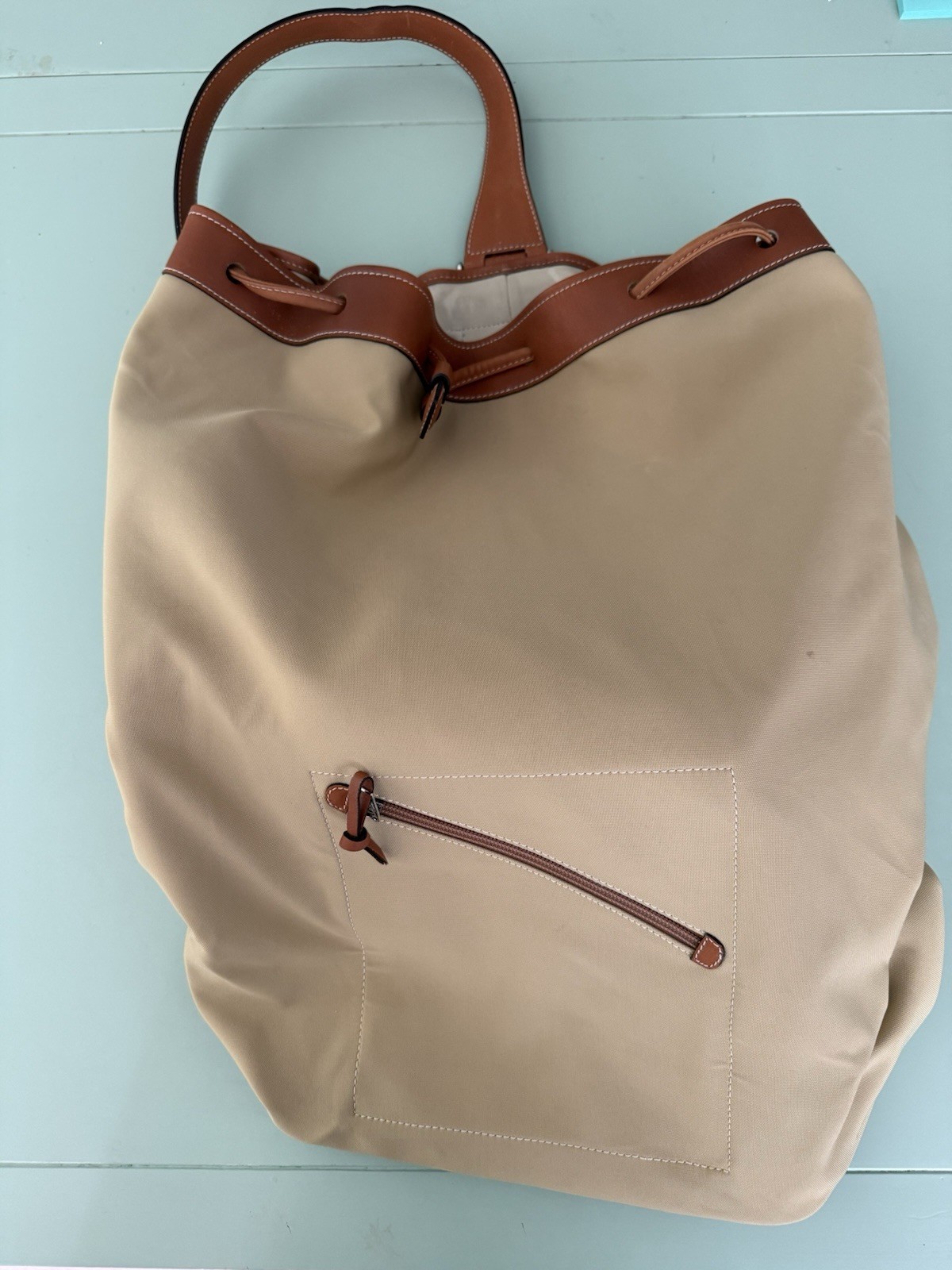 Loewe Large Beige/Brown Drawstring Bucket Bag Zip, Detachable Strap, Pockets