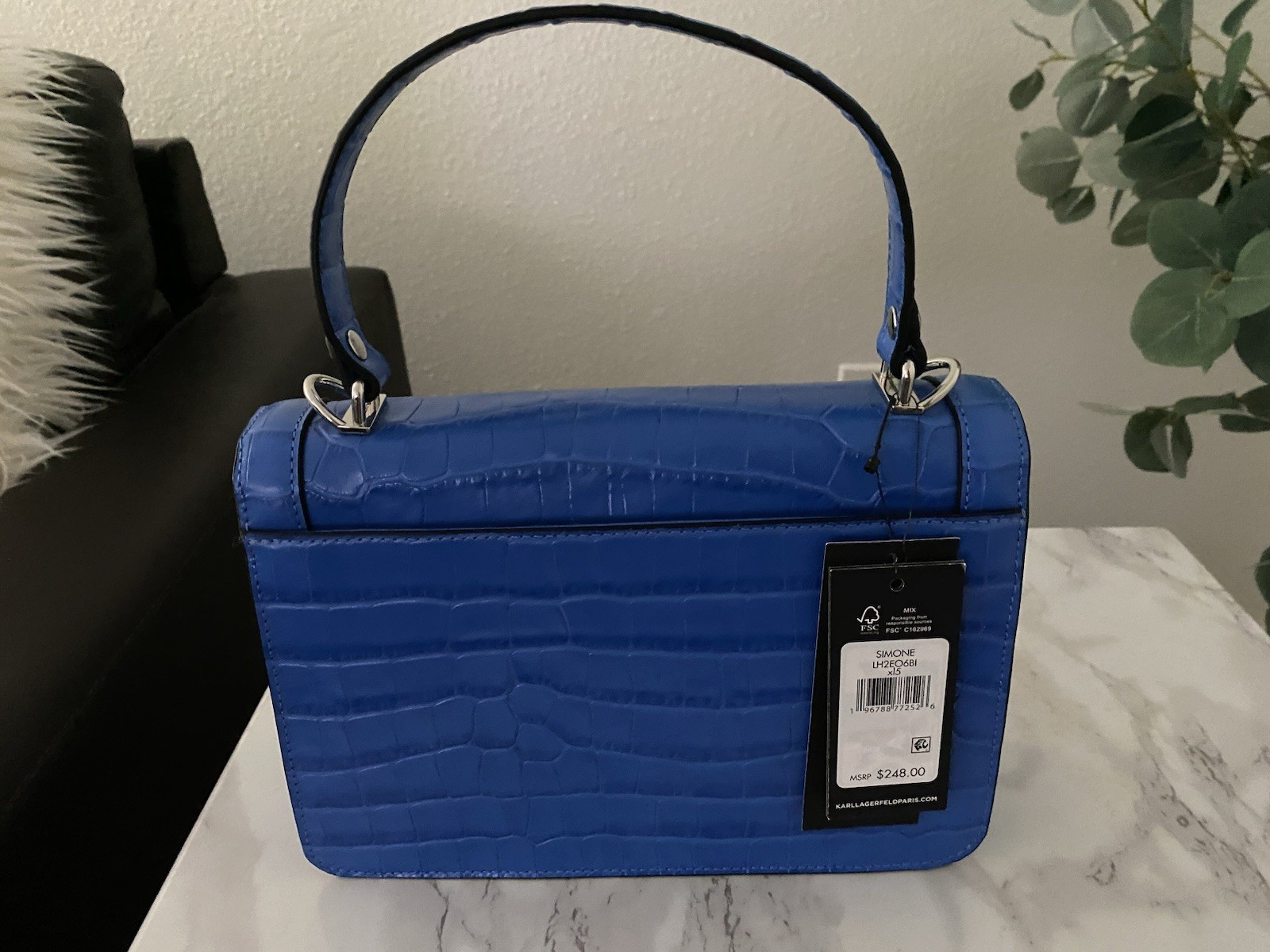 Karl Lagerfeld Paris Blue Croc Embossed Satchel Top Handle Detachable Strap